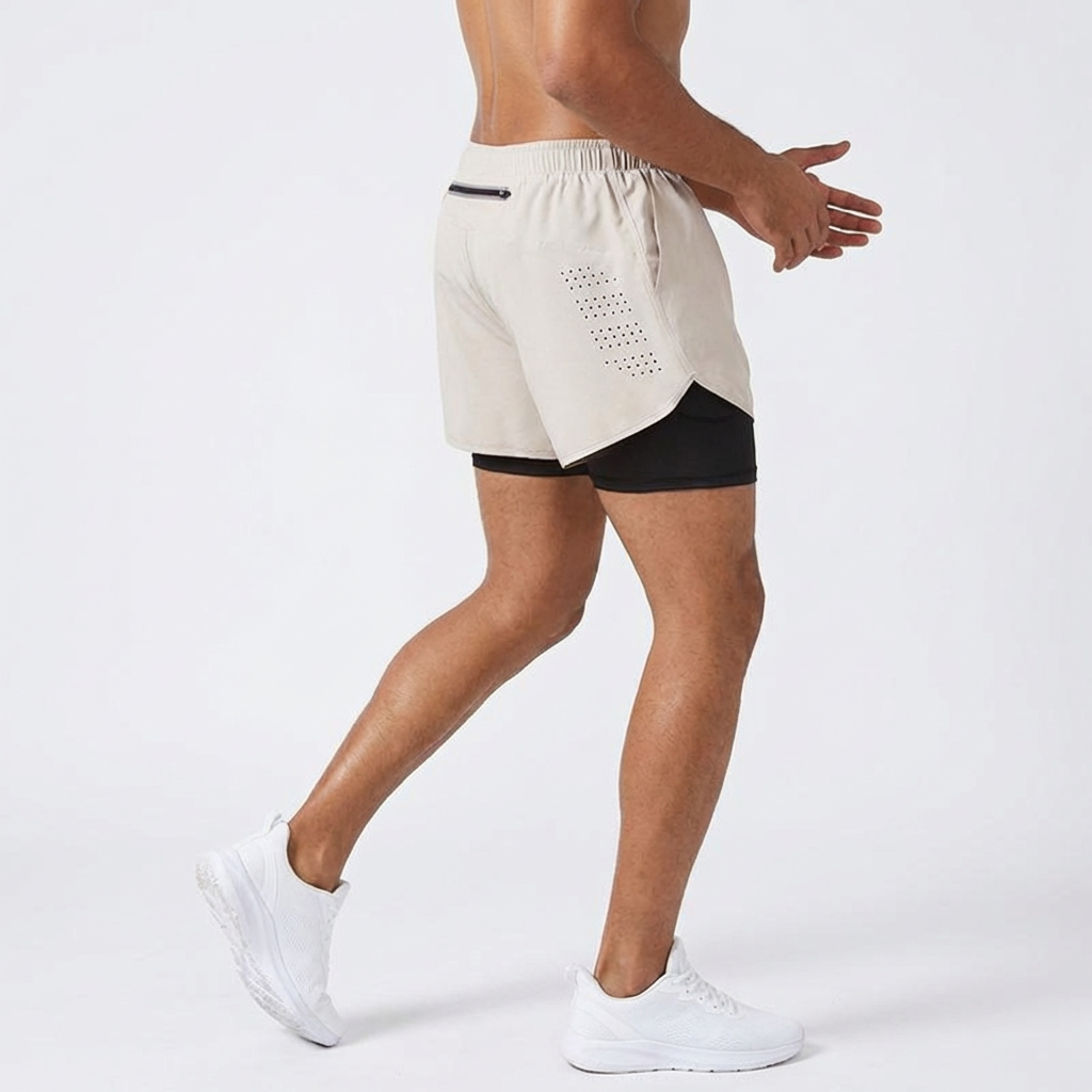 Men’s 2-in-1 Running Shorts with Inner Compression – Beige